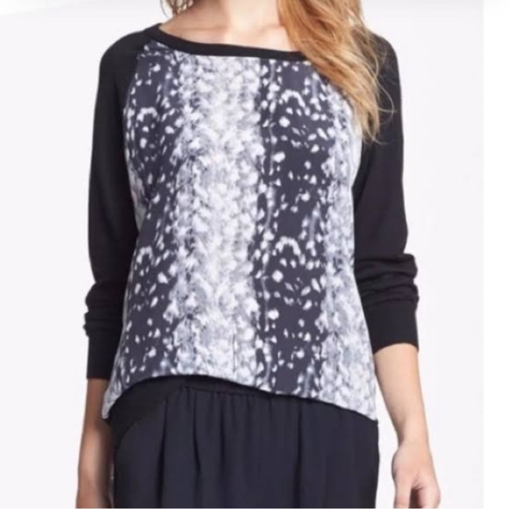 Joie Snow Leopard Silk & Cashmere Blend Mixed Media Long Sleeve Top